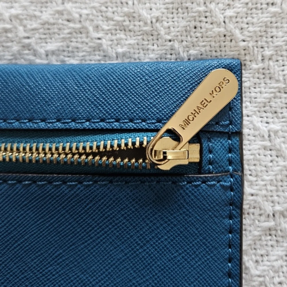 Michael Kors Teal Blue Saffiano Leather Wristlet Pouch Gold Hardware Zipper Bag